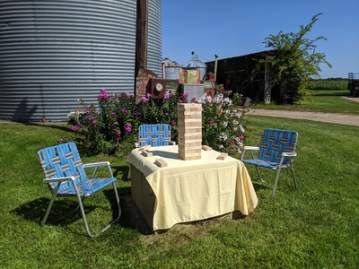 Yard games in front of grain bin on the farm in Bloomer, WI